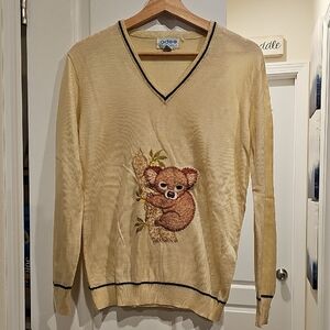 Women's Cream V-Neck Sweater with Koala Design
